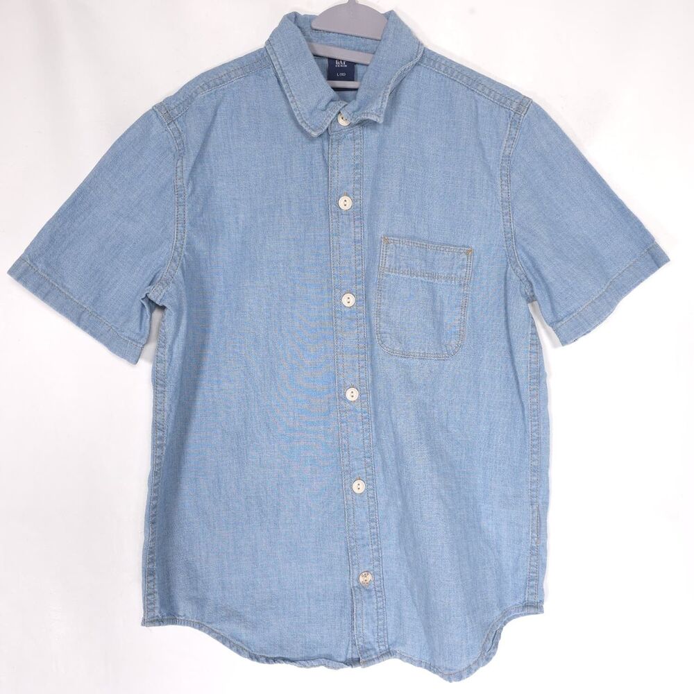 GAP‎ Denim Shirt Kids Boys 10 Short Sleeve Button Up Light Blue 100% Cotton